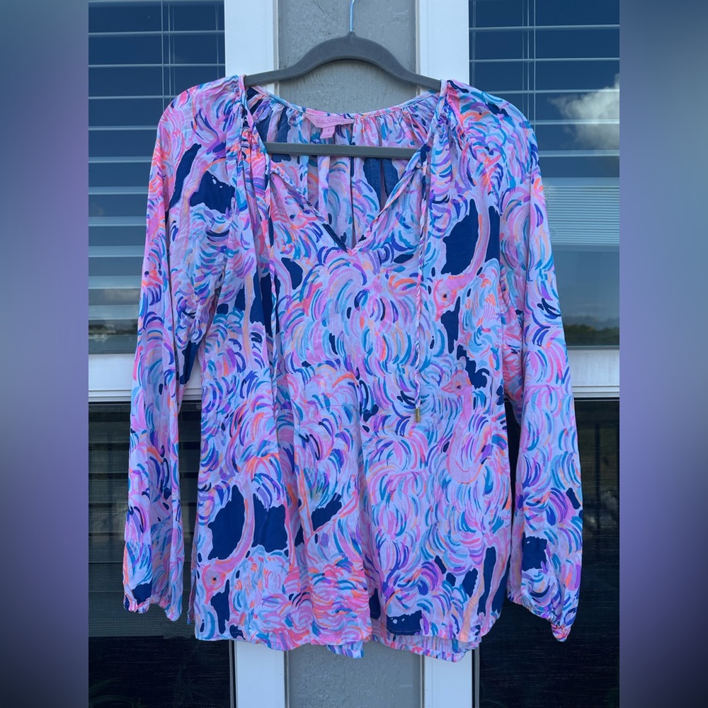 LILLY PULITZER Willa Head in the Sand Ostrich Print Split Neck Top Blouse Small - Picture 3 of 10